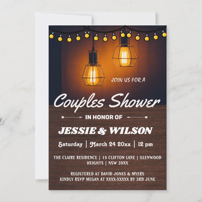 RUSTIC WOOD AND LIGHTS COUPLES SHOWER INVITATION EINLADUNG (Vorderseite)