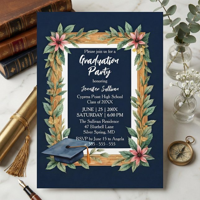 Rustic Wood and Navy Blue Floral Photo Graduation Einladung (Von Creator hochgeladen)
