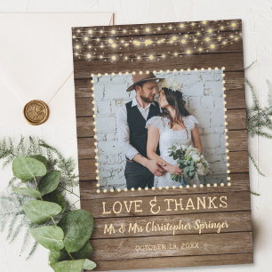 Rustic Wood and String Lights Wedding Thank You Dankeskarte