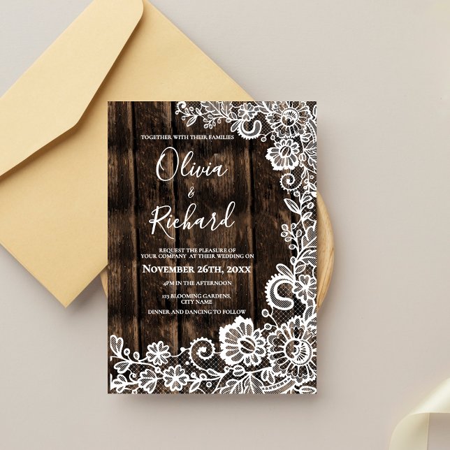 Rustic Wood and White Lace Floral Wedding Einladung (Rustic Wood and White Lace Floral Wedding Invitation)