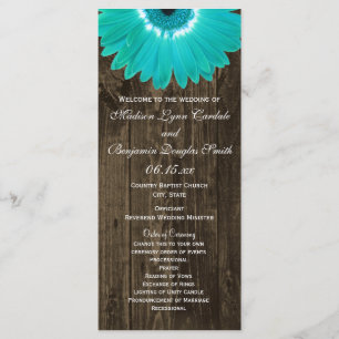 Rustic Wood Aquamarin Gerber Daisy Hochzeitsprogra Programm