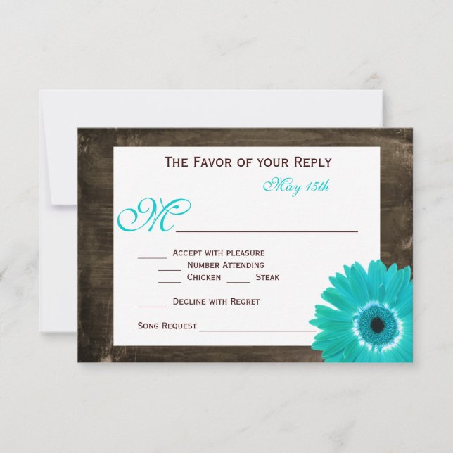 Rustic Wood Aquamarin Gerber Daisy Wedding RSVP Ca (Vorderseite)