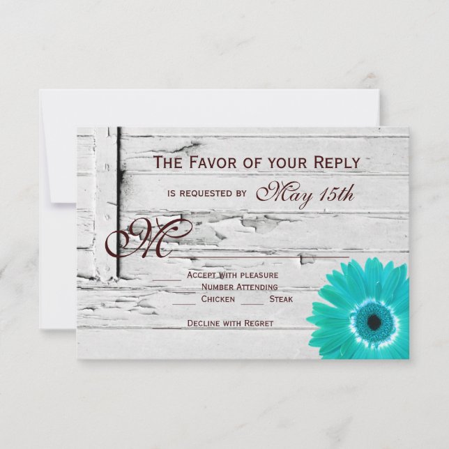 Rustic Wood Aquamarin Gerber Daisy Wedding RSVP Ca (Vorderseite)