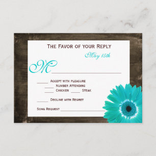 Rustic Wood Aquamarin Gerber Daisy Wedding RSVP Ca Karte