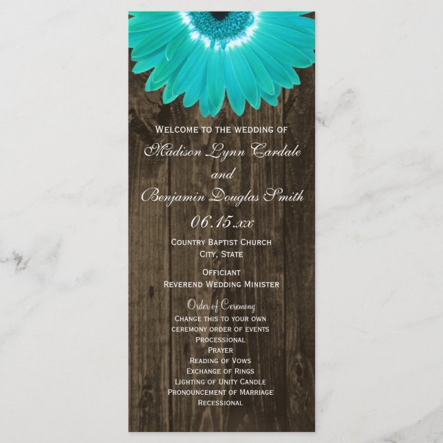 Rustic Wood Aquamarin Gerber Daisy Weddingprogramm Programm (Vorderseite)