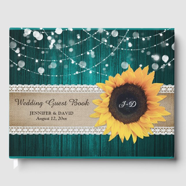 Rustic Wood Aquamarin Sunflower Wedbook Gästebuch (Vorderseite)