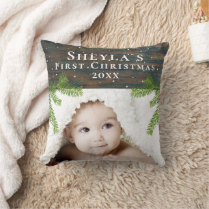 Rustic Wood Baby - Erstes Weihnachtsfest-Foto Kissen
