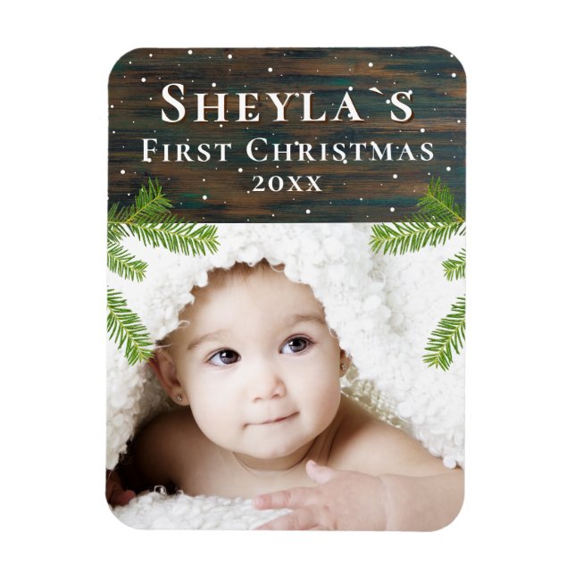 Rustic Wood Baby - Erstes Weihnachtsfest-Foto Magnet (Vertikal)
