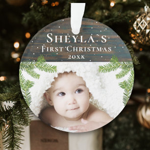 Rustic Wood Baby - Erstes Weihnachtsfest-Foto Ornament