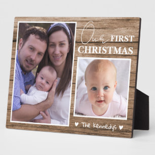 Rustic Wood Baby's First Christmas 2 Foto Collage Fotoplatte