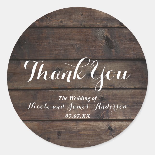 Rustic Wood Barn Wedding Party Elegante Gefallen Runder Aufkleber (Vorderseite)
