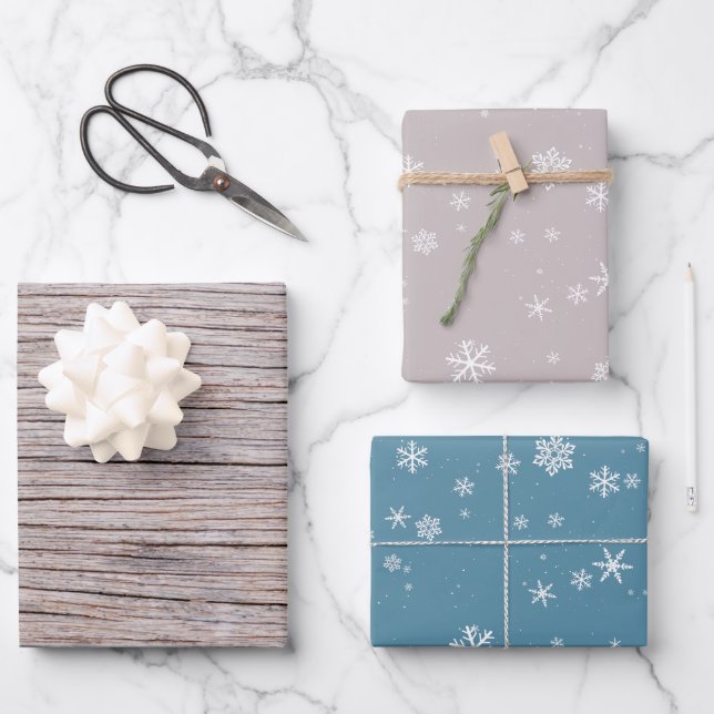 Rustic Wood Beige Blue Snowflake Muster Weihnachte Geschenkpapier Set (Vorderseite)