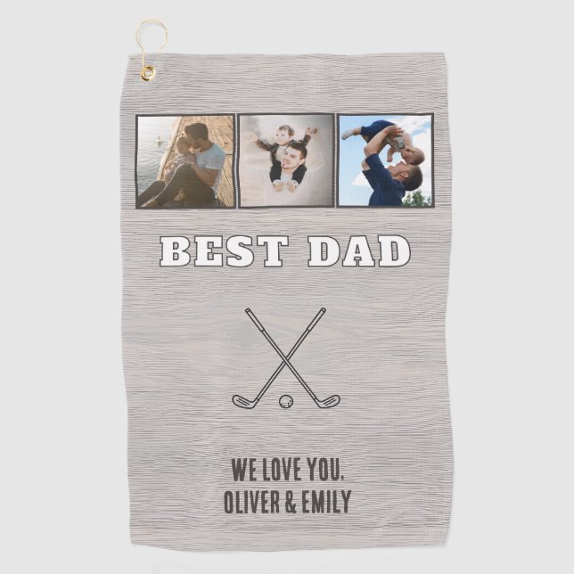Rustic Wood Best Dad 3 Photo Collage Keepsake Golfhandtuch (Vorderseite)