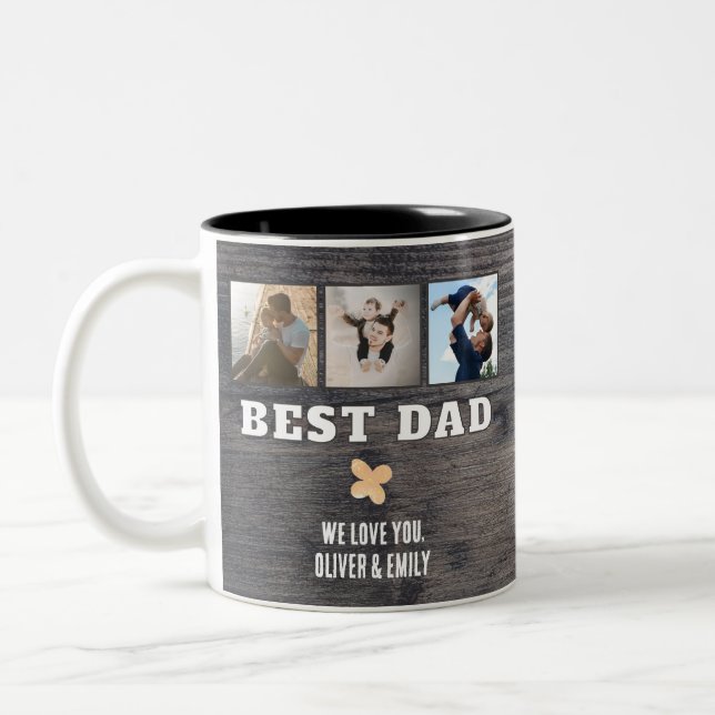 Rustic Wood Best Dad 3 Photo Collage Keepsake  Zweifarbige Tasse (Links)