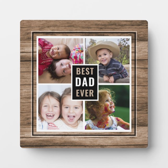 Rustic Wood Best Vater je 4 Familienfoto Collage Fotoplatte (Vorderseite)