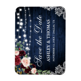 Rustic Wood Blue Burgundy Floral Save the Date Magnet