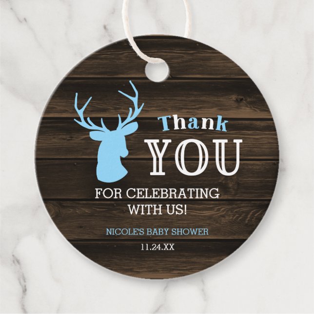 Rustic Wood Blue Deer Boy Baby Dusche Vielen Dank Geschenkanhänger (Vorderseite)