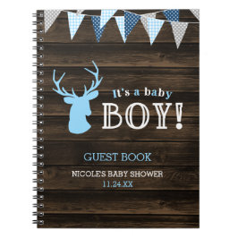 Rustic Wood Blue Deer Boy Baby Shooter Gästebuch Notizblock