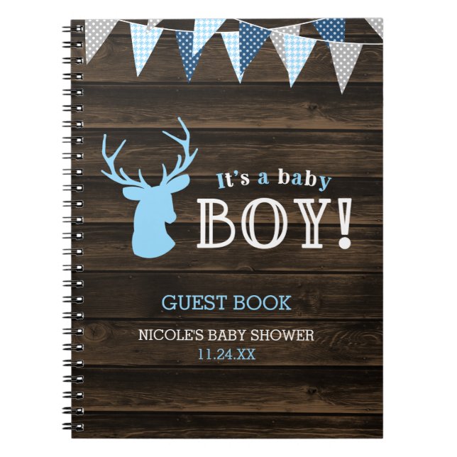 Rustic Wood Blue Deer Boy Baby Shooter Gästebuch Notizblock (Vorderseite)