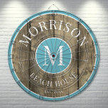 Rustic Wood Blue Familienname Dartscheibe<br><div class="desc">Dieses rustikale Dartboard ist die perfekte Ergänzung zu Ihrem Familienhaus, Seehaus, Spielzimmer, menschliche Höhle und vielem mehr. Es verfügt über ein fett formatiertes Anfangsmonogramm in der Mitte, wobei Ihr Familienname stolz oben angezeigt wird. Die untere liest "Beach House", aber diese kann an jeden Ort, Thema oder Anlass angepasst werden. Das...</div>