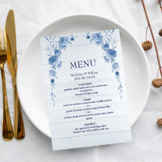 Rustic Wood  Blue Floral Elegant Wedding Menu Menükarte