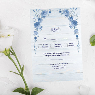 Rustic Wood  Blue Floral Elegant Wedding  RSVP Karte