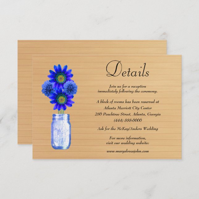 Rustic Wood Blue Floral Mason Jar Wedding Details Begleitkarte (Vorne/Hinten)