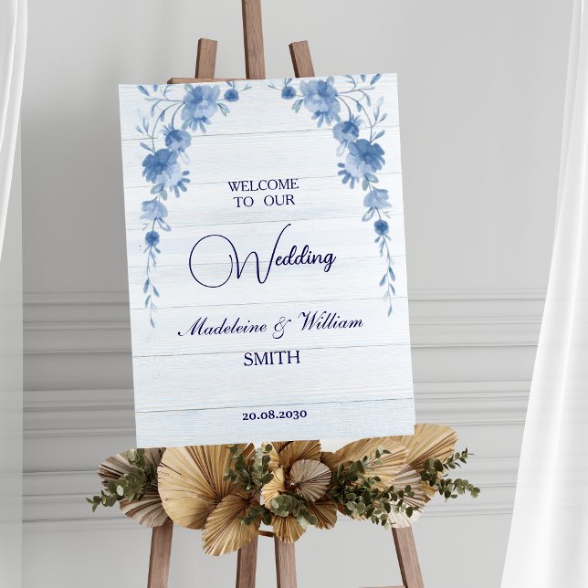 Rustic Wood Blue Floral Wedding Welcome Sign Poster (Von Creator hochgeladen)