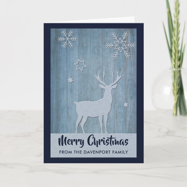 Rustic Wood Blue Rentier Country Weihnachten Karte (Vorderseite)