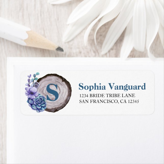 Rustic Wood Blue Watercolor Floral Wedding Label (Insitu)