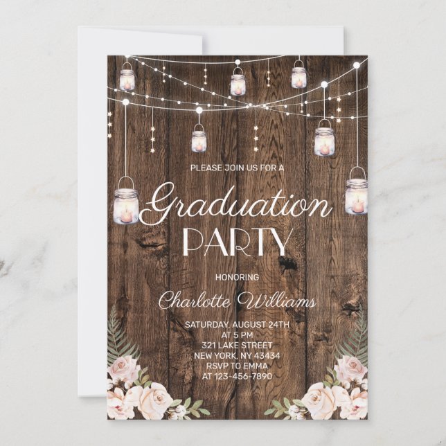 Rustic Wood Blush Floral Graduation Party Einladung (Vorderseite)