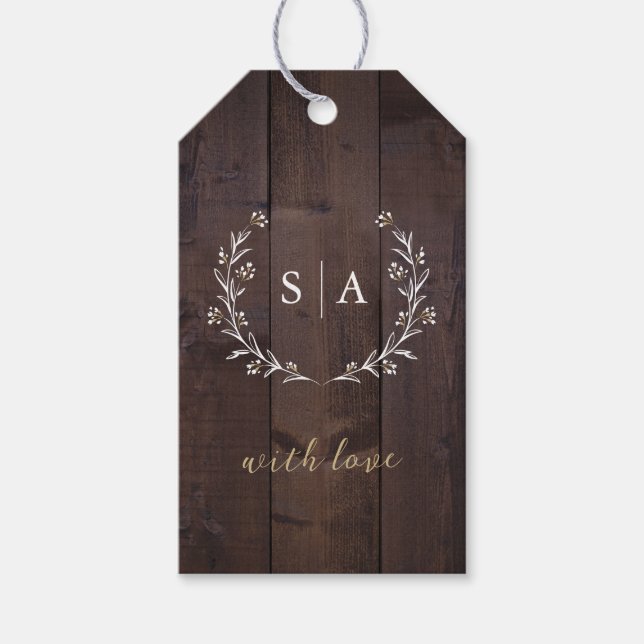 Rustic Wood Boho Floral Country Wedding Monogramm Geschenkanhänger (Vorderseite)