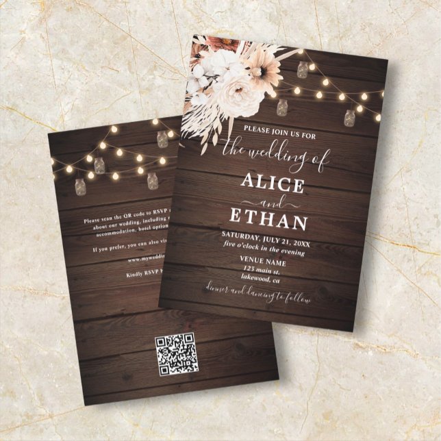 Rustic Wood Boho Floral Fall QR Code Hochzeit Einladung (Von Creator hochgeladen)