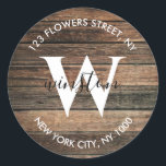 Rustic Wood Boho Monogram Rücksendeadresse Runder Aufkleber<br><div class="desc">Rustic Wood Boho Monogram Rücksendeadresse</div>