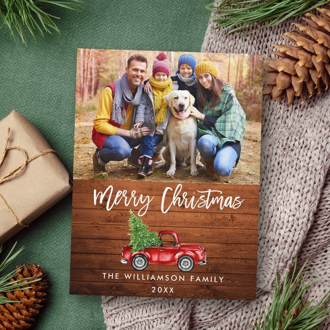 Rustic Wood Brush Script Vintag LKW Weihnachten Postkarte (Customize to change your personalized text size or text style.)