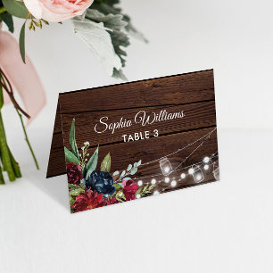 Rustic Wood Burgund Blumenkarten Tischnummer