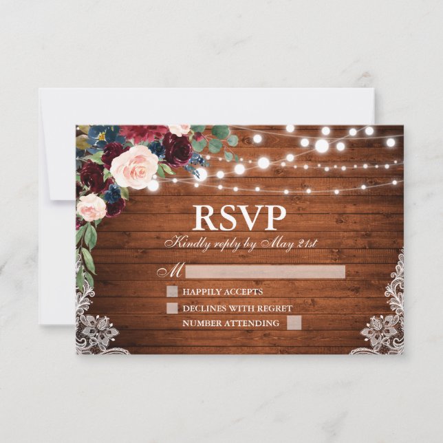 Rustic Wood Burgundy Blue Floral Wedding RSVP Karte (Vorderseite)