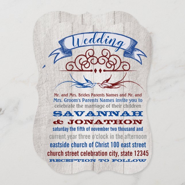 Rustic Wood Burgundy Blue Vintag Lovebird Wedding Einladung (Vorne/Hinten)