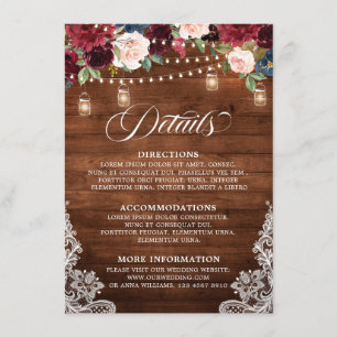 Rustic Wood Burgundy Floral Mason Jar Wedding Begleitkarte