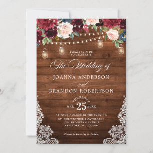 Rustic Wood Burgundy Floral Mason Jar Wedding Einladung
