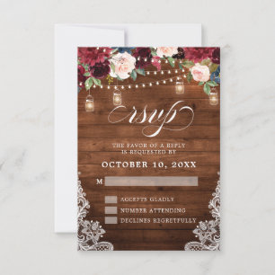 Rustic Wood Burgundy Floral Mason Jar Wedding RSVP Karte
