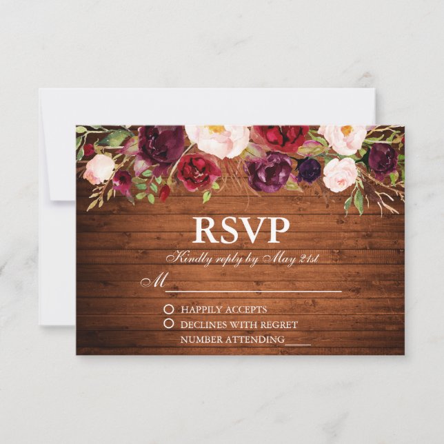 Rustic Wood Burgundy Floral Wedding RSVP (Vorderseite)