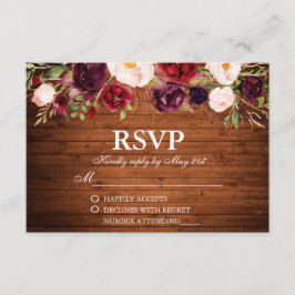 Rustic Wood Burgundy Floral Wedding RSVP Karte