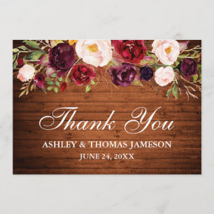 Rustic Wood Burgundy Floral Wedding Vielen Dank Dankeskarte