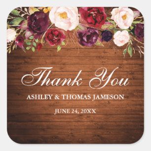 Rustic Wood Burgundy Floral Wedding Vielen Dank Quadratischer Aufkleber