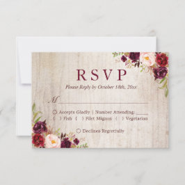 Rustic Wood Burgundy Red Floral Wedding RSVP Karte