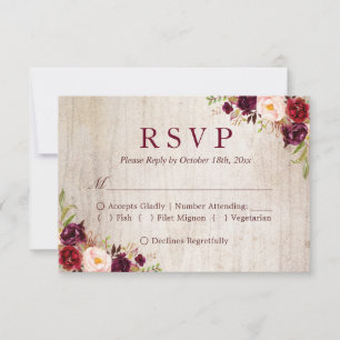 Rustic Wood Burgundy Red Floral Wedding RSVP Karte