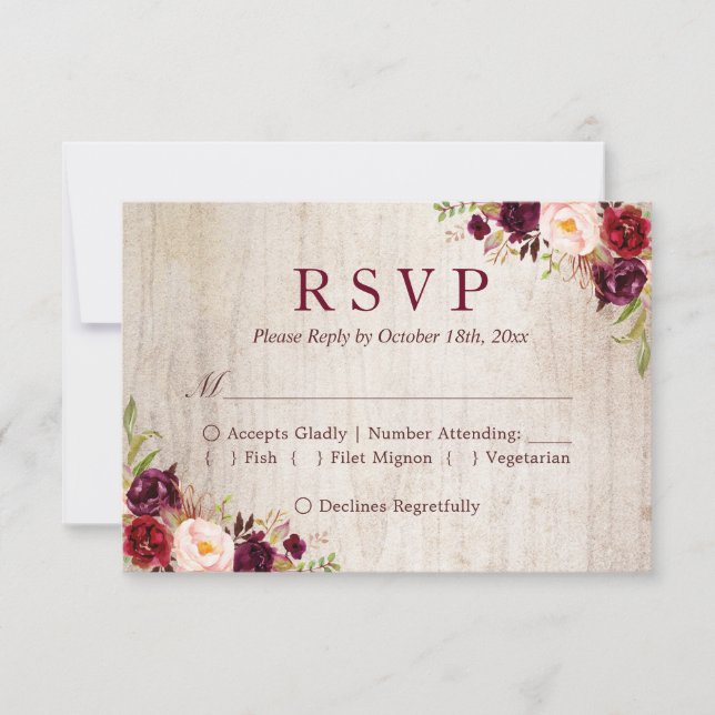 Rustic Wood Burgundy Red Floral Wedding RSVP Karte (Vorderseite)