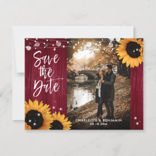 Rustic Wood Burgundy Red Sunflower Wedding Foto Save The Date