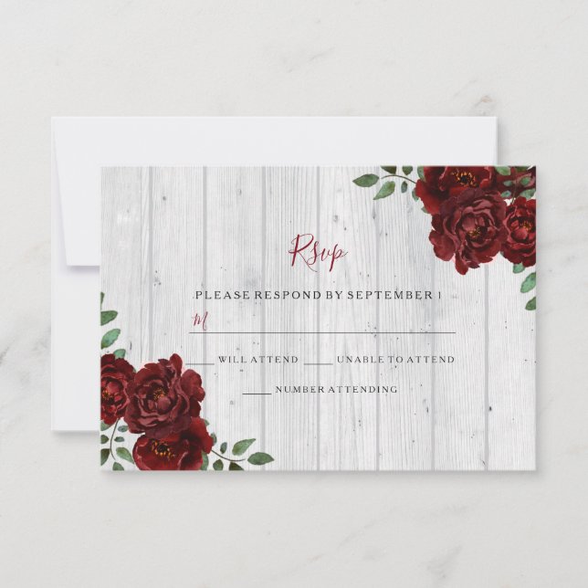 Rustic Wood Burgundy Rose Romantic Wedding RSVP (Vorderseite)